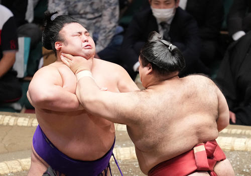 貴景勝（左）を攻める高安（撮影・菅敏）