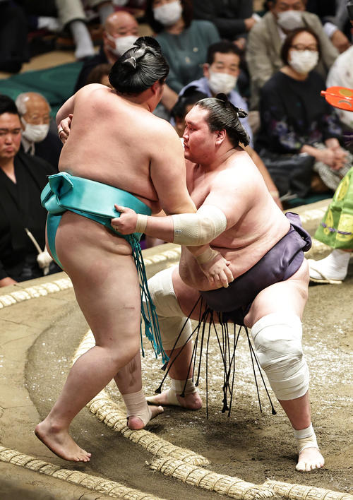 琴ノ若（左）を寄り切りで破る照ノ富士（撮影・中島郁夫）