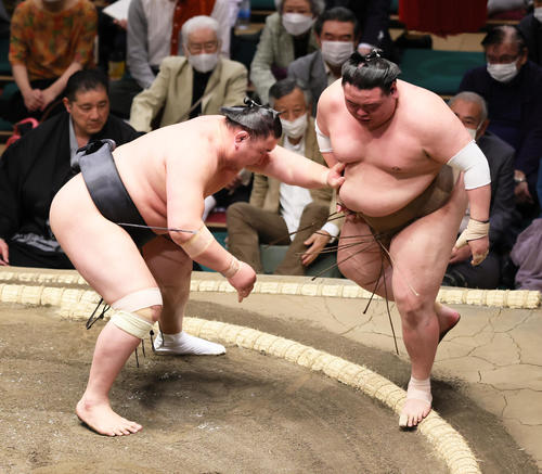 荒篤山（右）を押し出しで破る東龍（撮影・足立雅史）