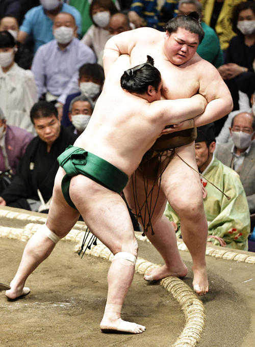 王鵬（右）を寄り切りで破る佐田の海（撮影・中島郁夫）