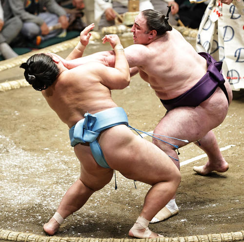琴勝峰（左）を押し出しで破る栃ノ心（撮影・中島郁夫）