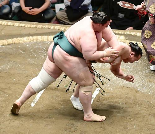 碧山（左）は千代翔馬を小手投げで破る（撮影・小沢裕）