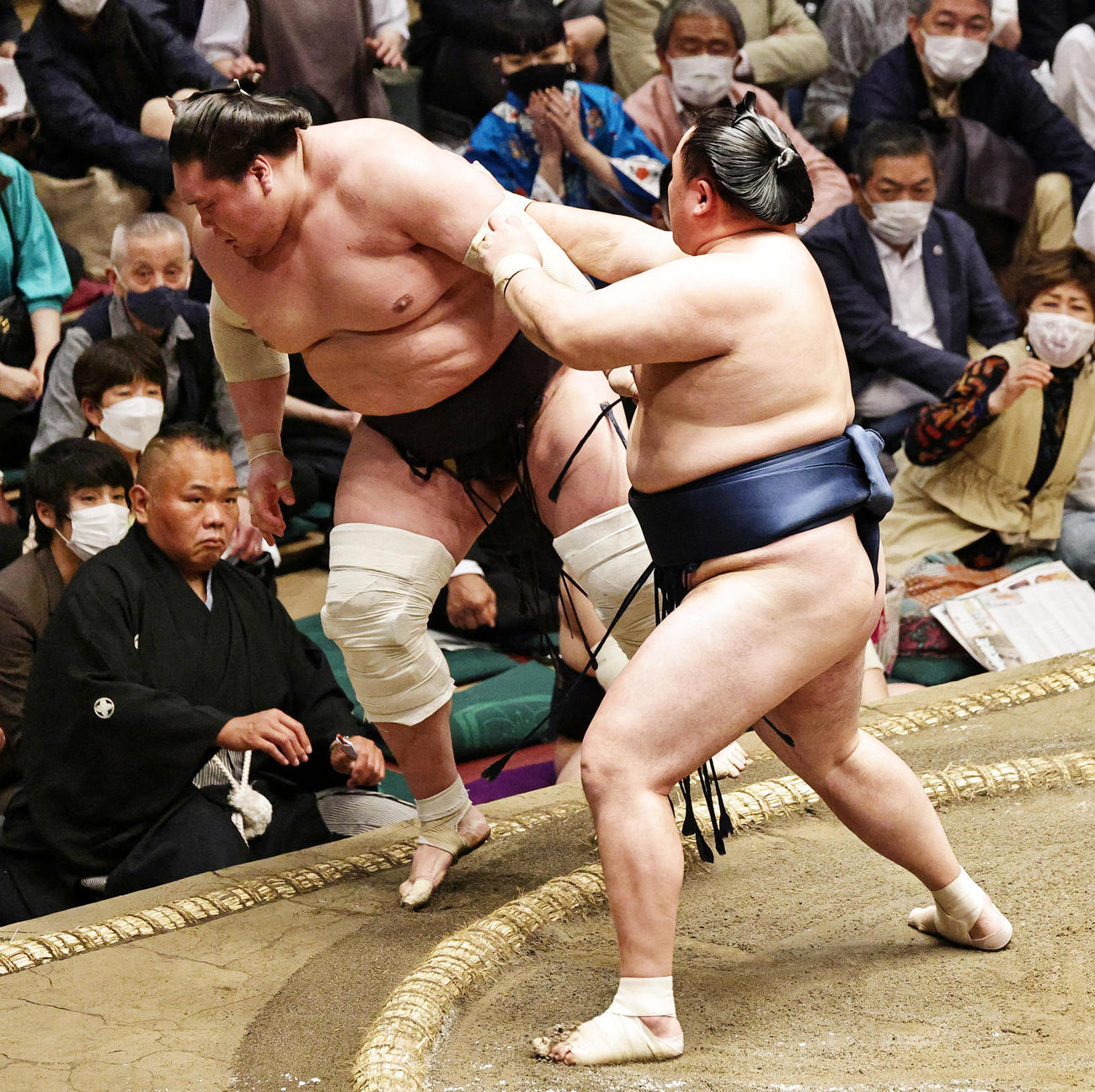 照ノ富士（左）を押し出しで破る玉鷲（撮影・中島郁夫）