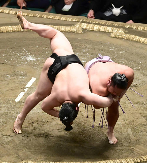 琴恵光（右）はとったりで若元春を破る（撮影・小沢裕）