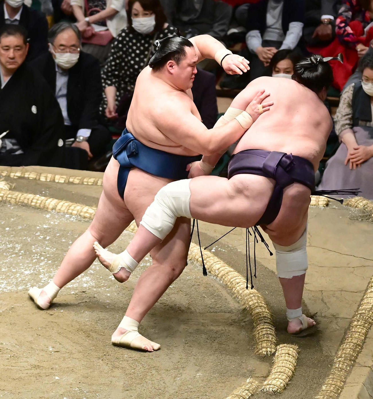 玉鷲（左）は照ノ富士を押し出しで破る（撮影・小沢裕）