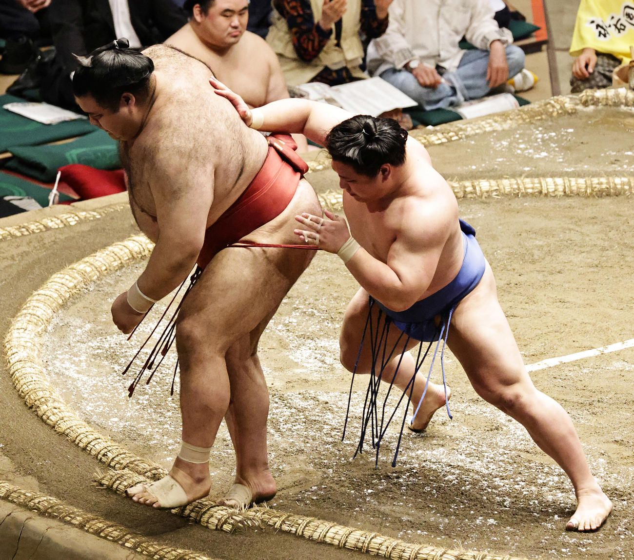 高安（左）を送り出しで破る若隆景（撮影・中島郁夫）