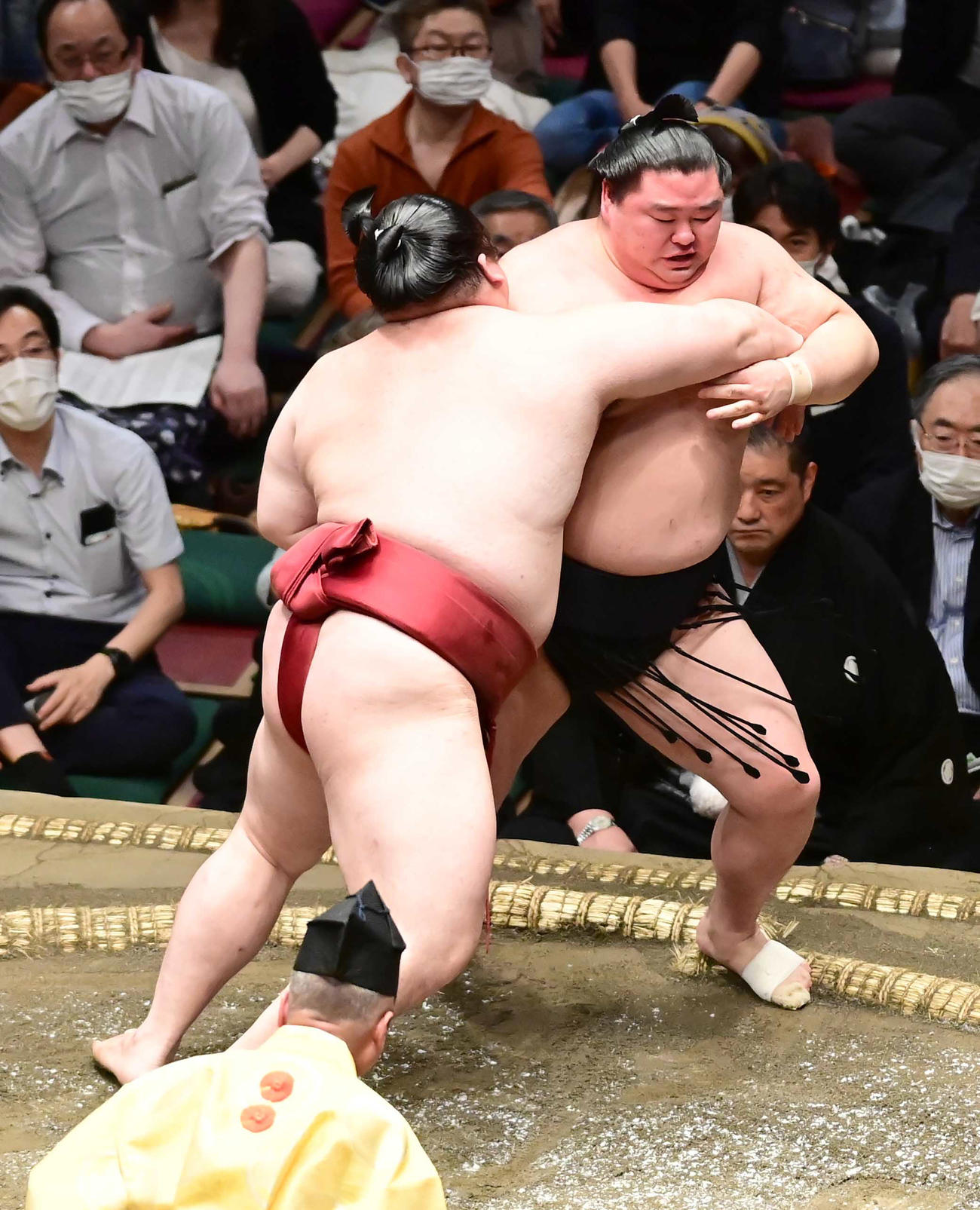 正代（右）は隆の勝に寄り切りで敗れる（撮影・小沢裕）