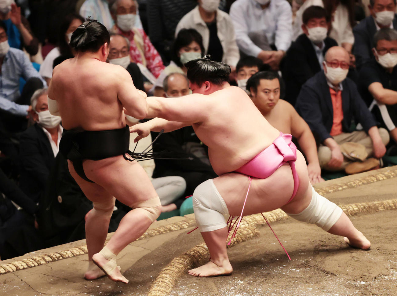 照強（左）を押し出しで破る宇良（撮影・野上伸悟）