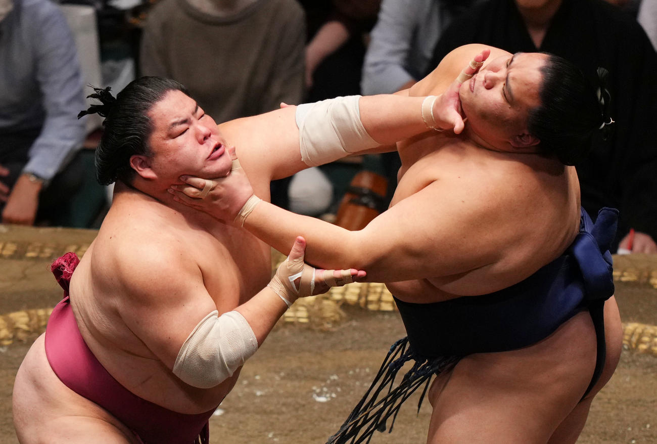 御嶽海（右）を攻める大栄翔（撮影・横山健太）