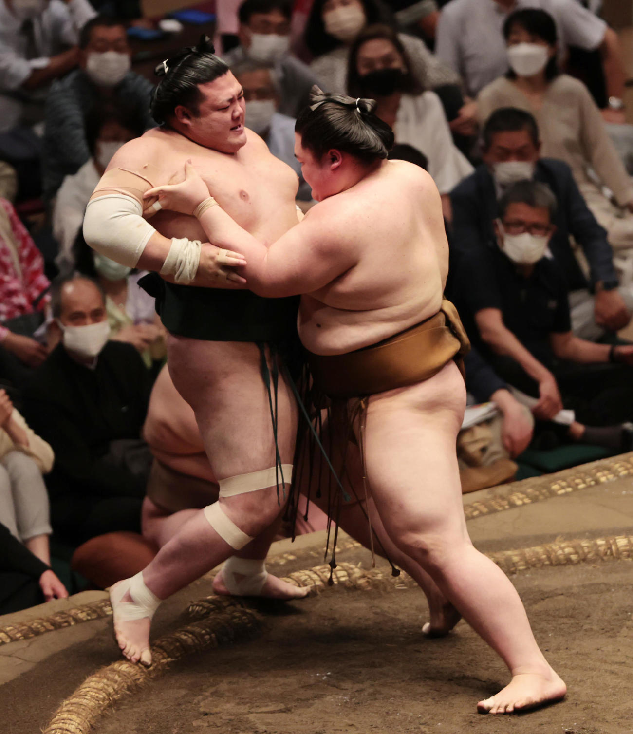 豊山（左）を押し出しで破る王鵬（撮影・野上伸悟）