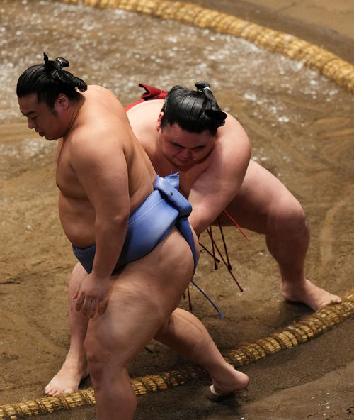 翔猿（手前）を押し出しで破る隆の勝（撮影・横山健太）