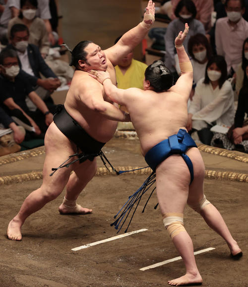 一山本（右）と張り合う千代大龍（撮影・野上伸悟）