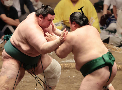 立ち合いでぶつかる碧山（左）と佐田の海（撮影・野上伸悟）