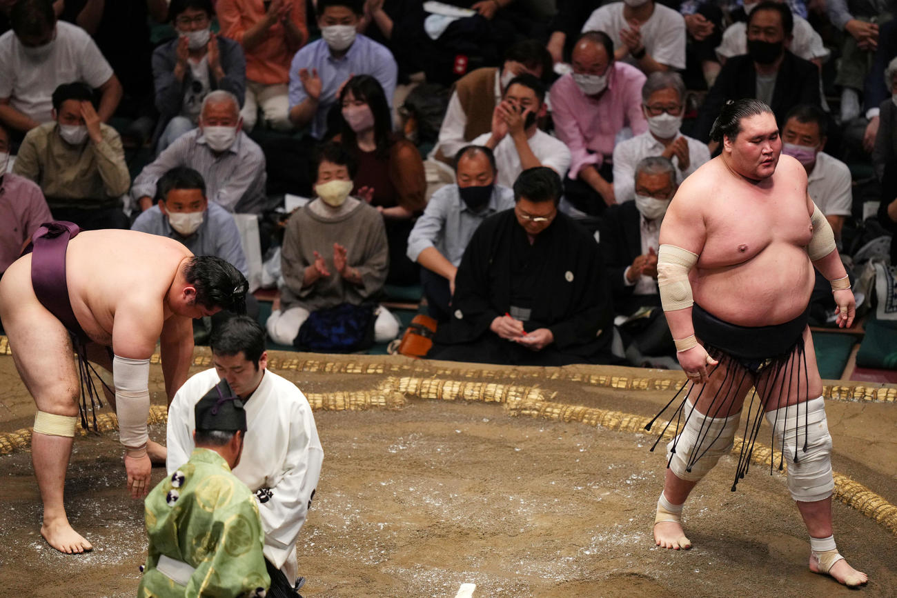 遠藤（左）を叩き込みで破る照ノ富士（撮影・横山健太）