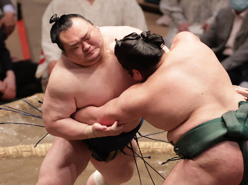 錦木（右）と立ち合いでぶつかる宝富士（撮影・野上伸悟）