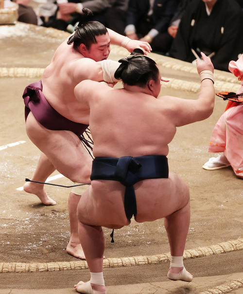玉鷲（手前）を押し出しで破る遠藤（撮影・野上伸悟）