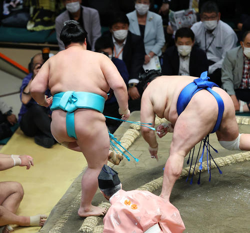 琴ノ若（左）は北勝富を突き落としで破る（撮影・垰建太）