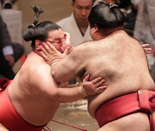 高安（右）と張り合う豊昇龍（撮影・野上伸悟）