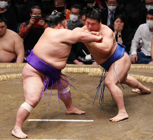 貴景勝（左）を攻める若隆景（撮影・横山健太）