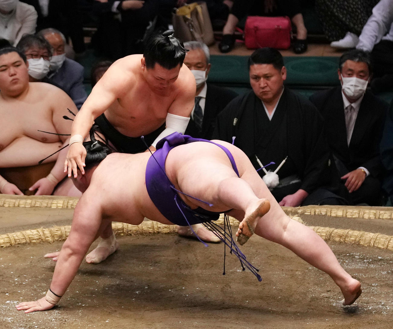 明生（手前）をはたき込みで破る照強（撮影・横山健太）