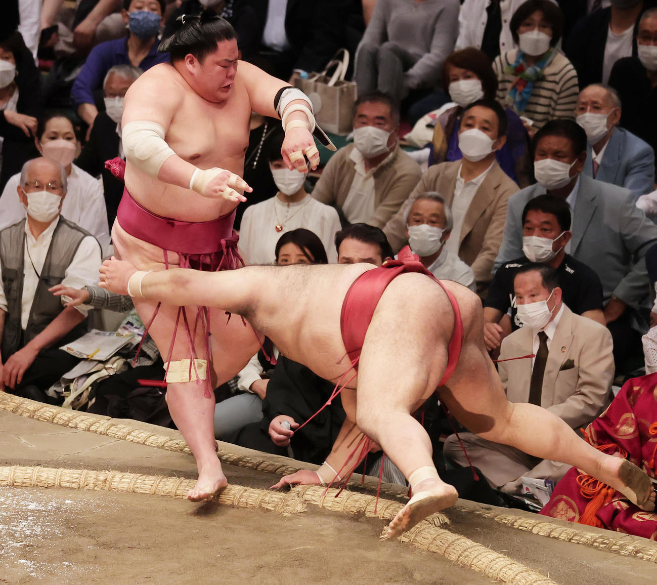 突き落としで高安（右）を破る大栄翔（撮影・野上伸悟）