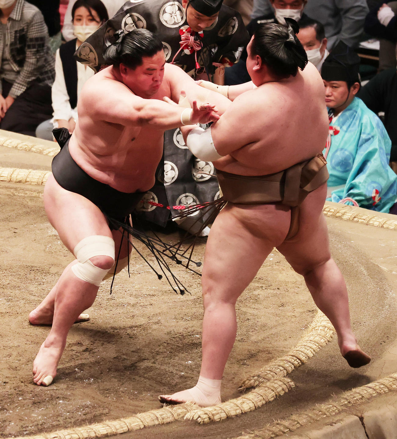 押し出しで荒篤山（右）を破る妙義龍（撮影・野上伸悟）