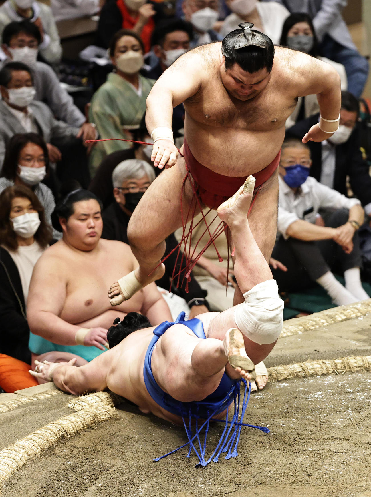 北勝富士（下）をはたき込みで破る高安（撮影・中島郁夫）