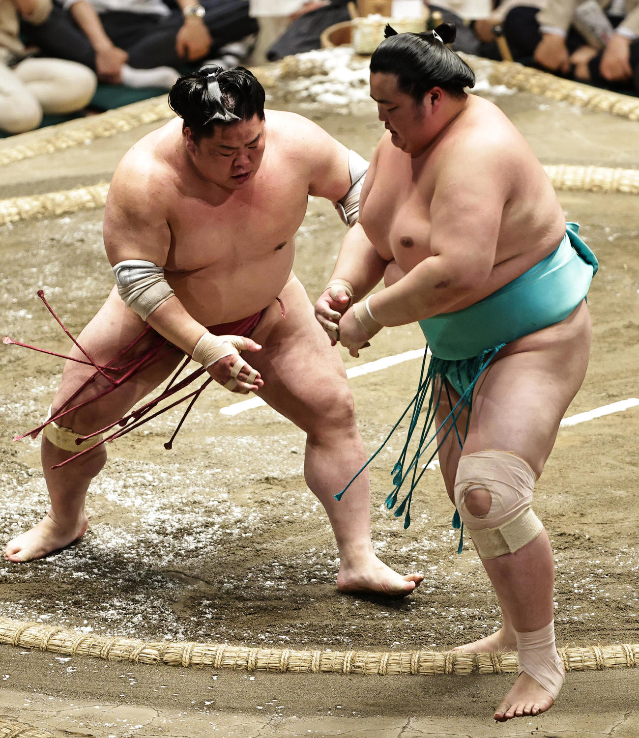 琴ノ若（右）を押し出しで破る大栄翔（撮影・中島郁夫）