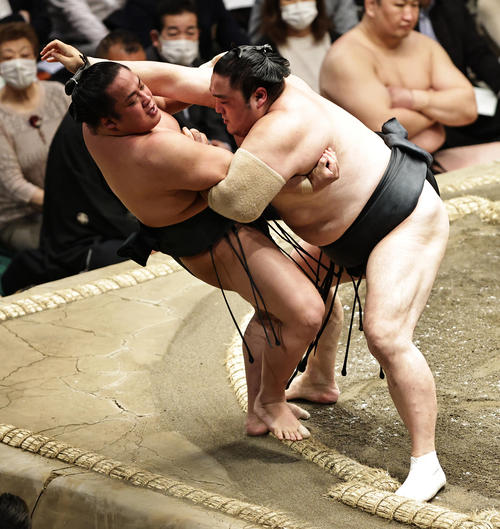 翠富士（左）をきめ出しで破る隠岐の海（撮影・中島郁夫）