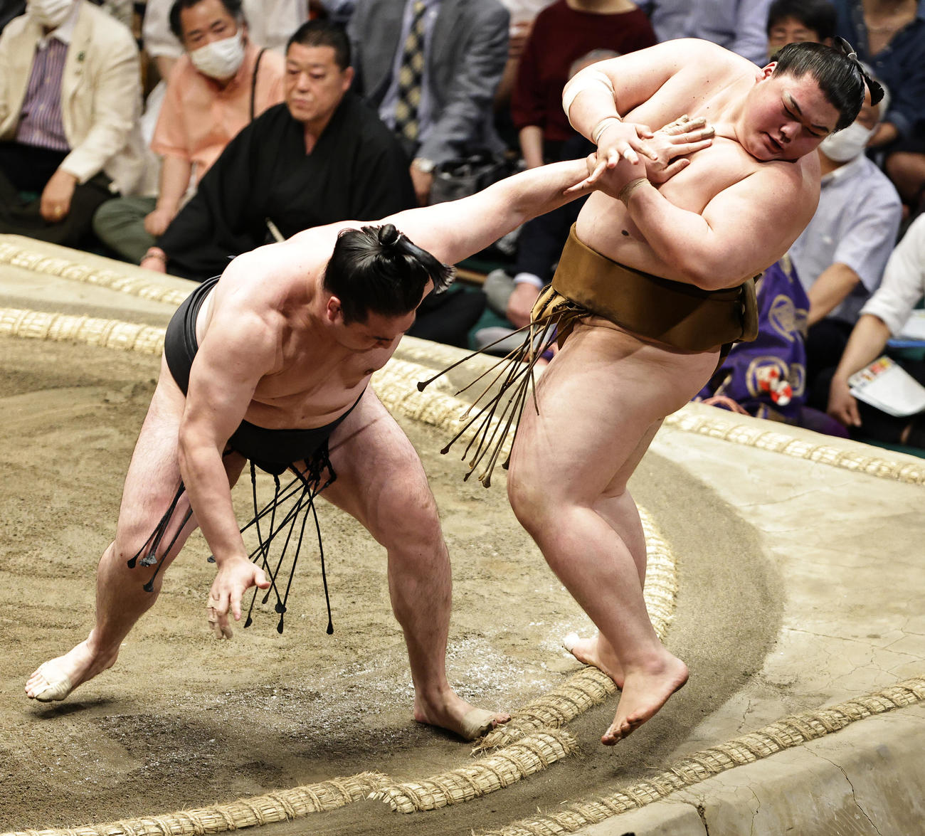 王鵬（右）を押し出しで破る竜電（撮影・中島郁夫）