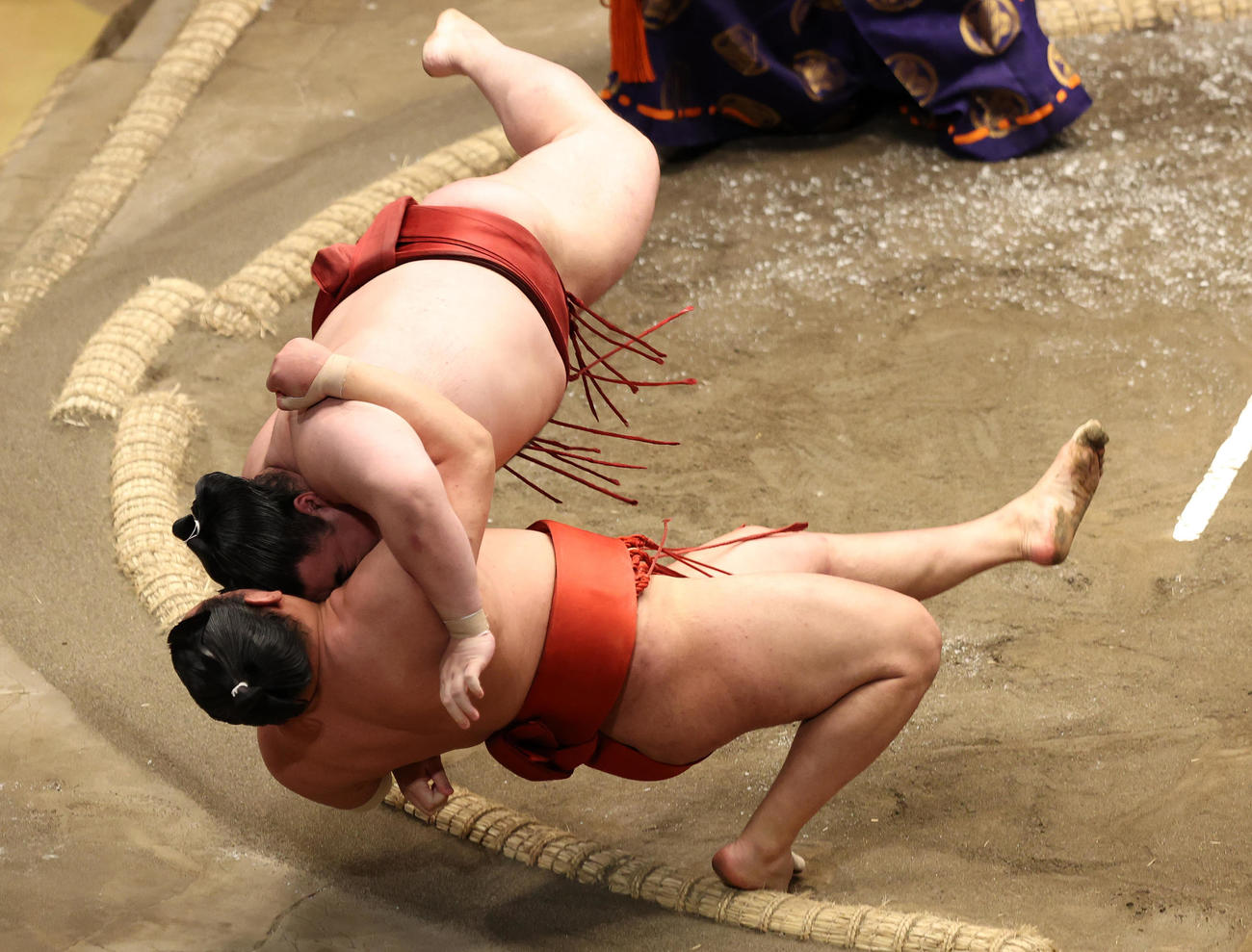 豊昇龍（下）を寄り倒しで破る隆の勝（撮影・鈴木正人）