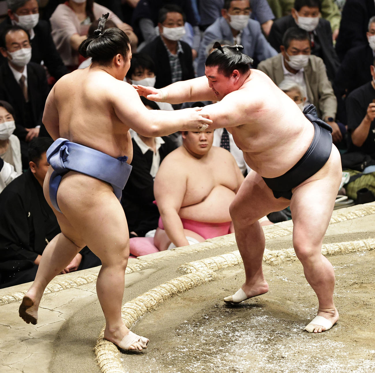 翔猿（左）を押し出しで破る正代（撮影・中島郁夫）