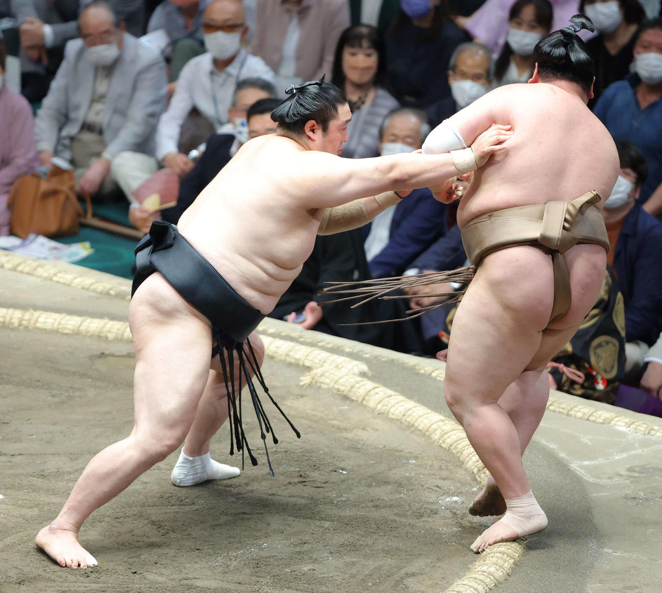 隠岐の海（左）は荒篤山を押し出す（撮影・河田真司）