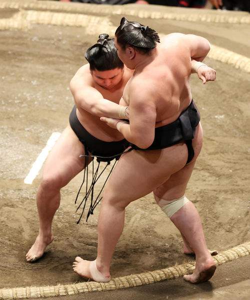 東龍（右）を寄り切りで破る若元春（撮影・鈴木正人）