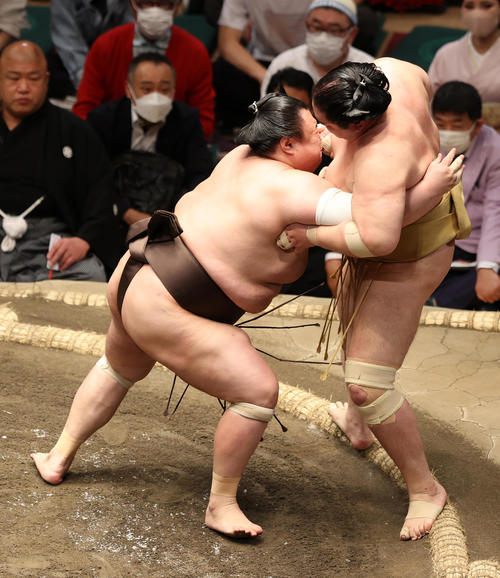 輝（右）を寄り切りで破る英乃海（撮影・鈴木正人）