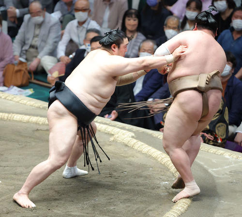 隠岐の海（左）は荒篤山を押し出す（撮影・河田真司）