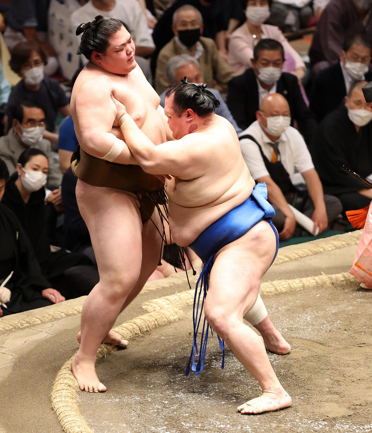 王鵬（左）を寄り切りで破る北勝富士（撮影・鈴木正人）