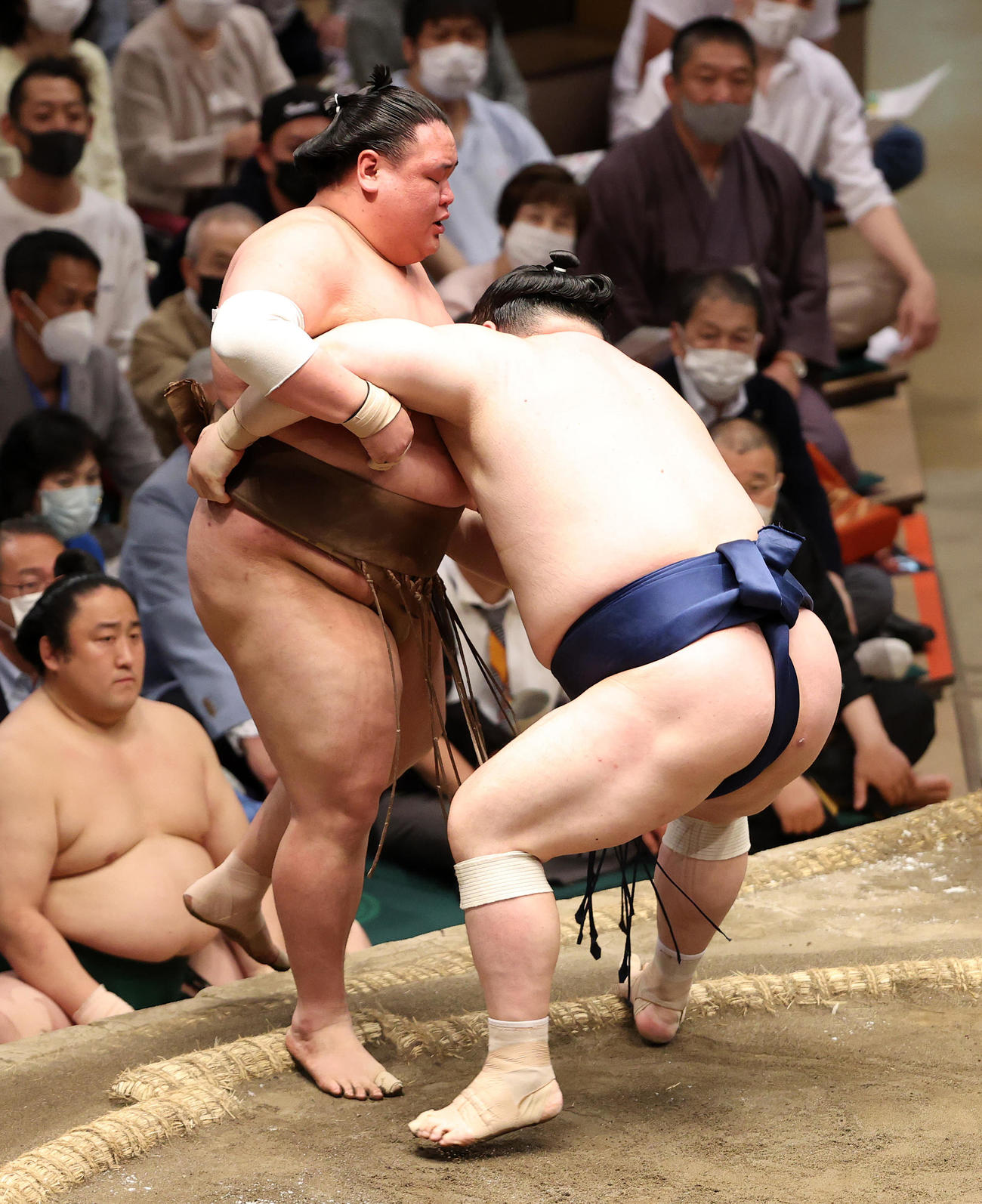 荒篤山（左）を寄り切りで破る宝富士（撮影・鈴木正人）