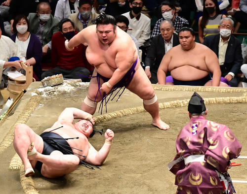 貴景勝は正代（左）を突き落としで破る。右は御嶽海（撮影・小沢裕）