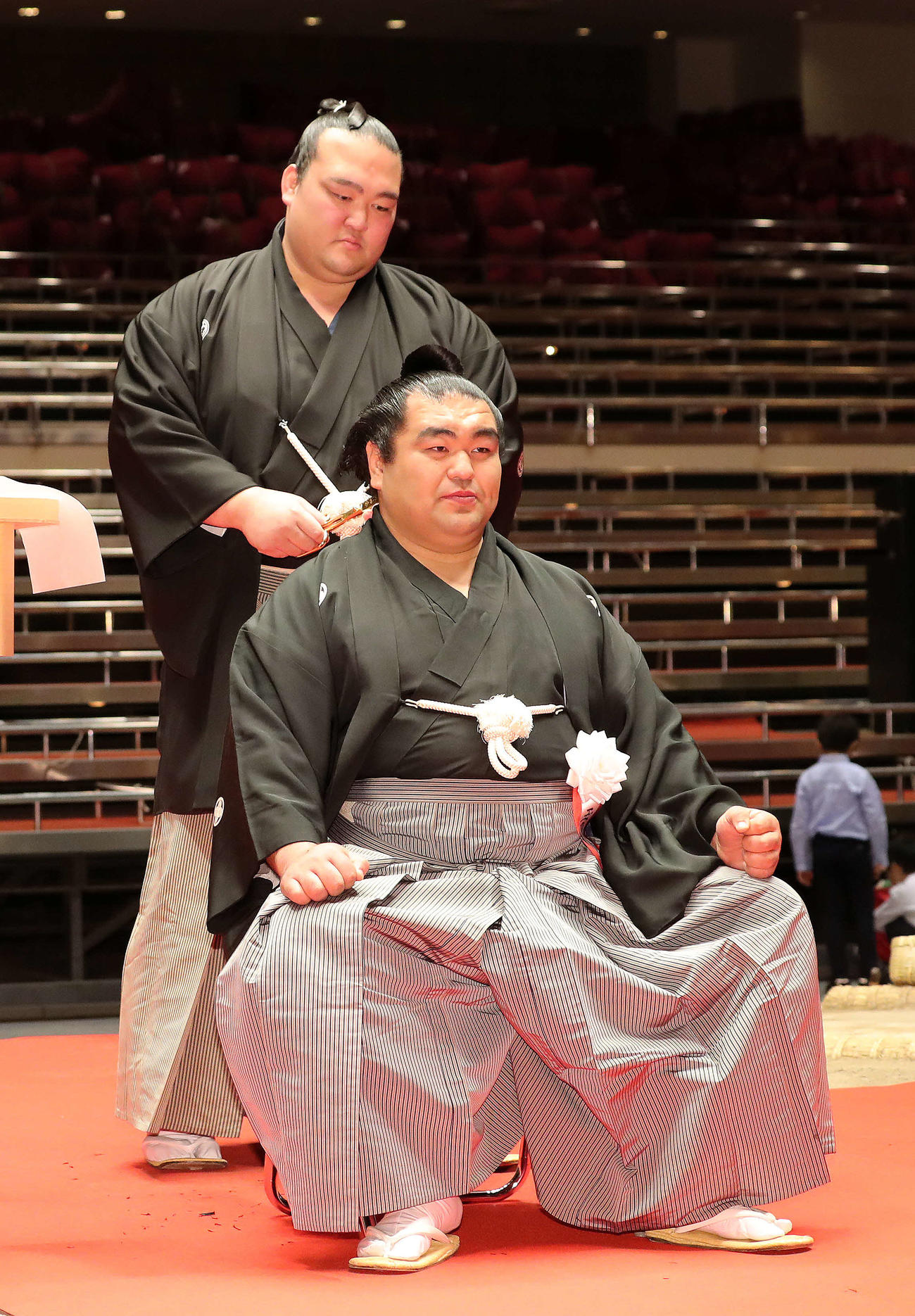 玉飛鳥（手前）の大銀杏にハサミを入れる稀勢の里（2017年1月28日撮影）