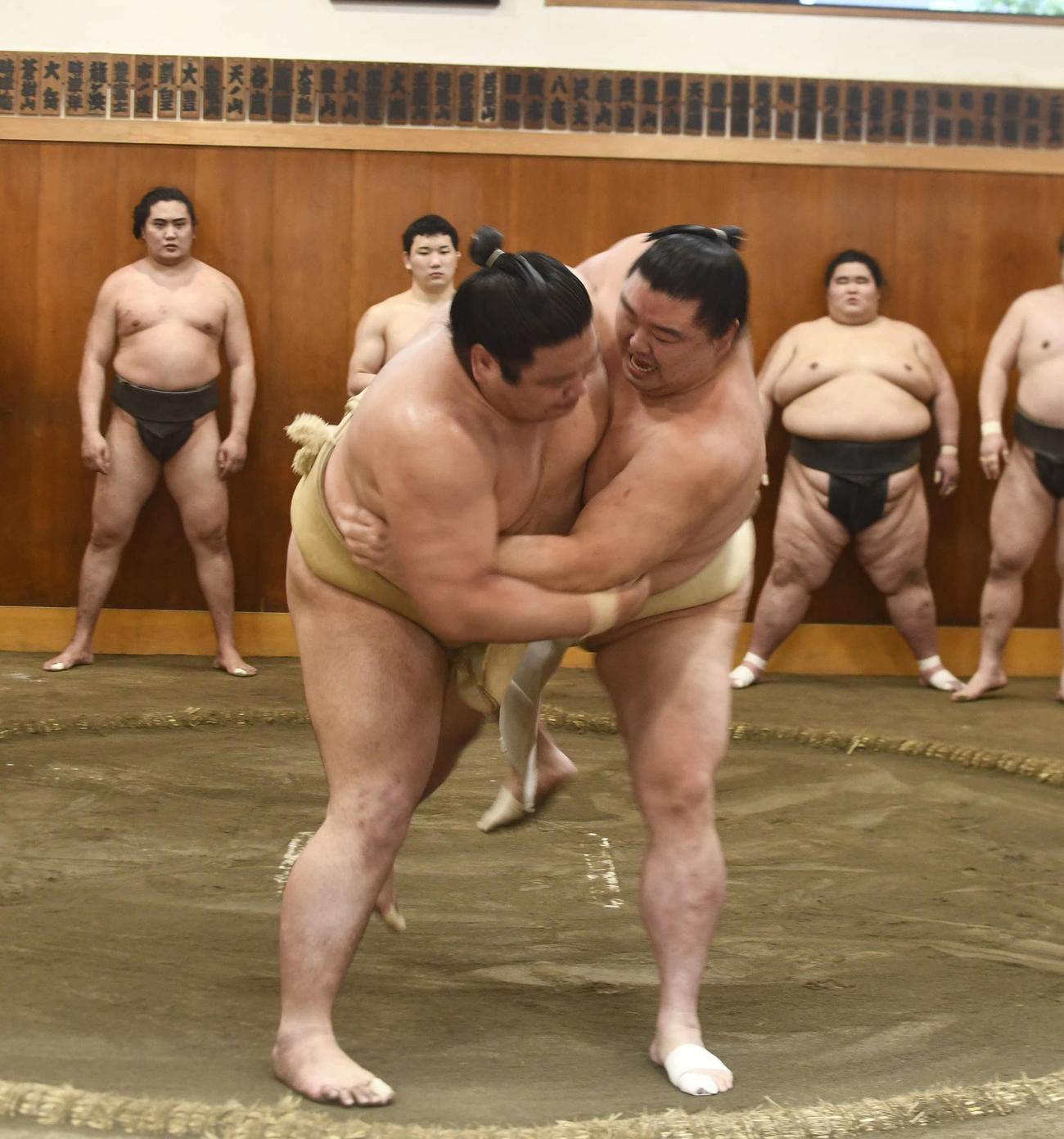 朝稽古を行う錦木（左）と正代（撮影・平山連）