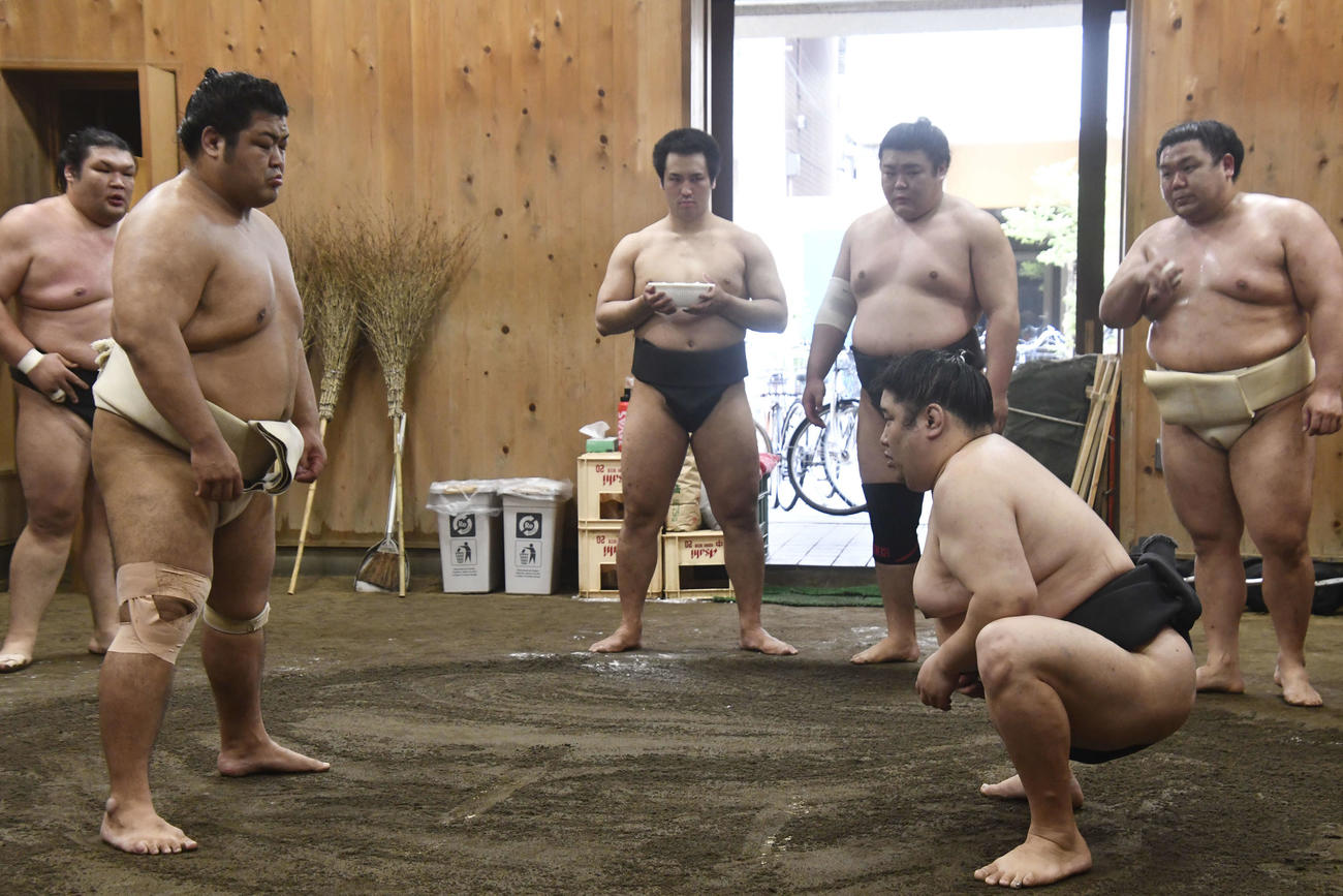 朝稽古に参加した志摩ノ海（左）（撮影・平山連）