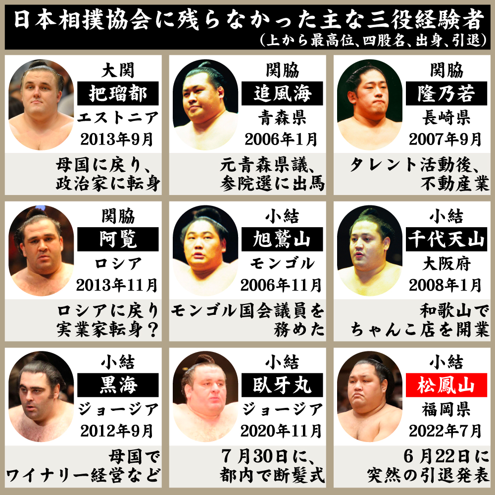 【イラスト】相撲協会に残らなかった主な三役経験者