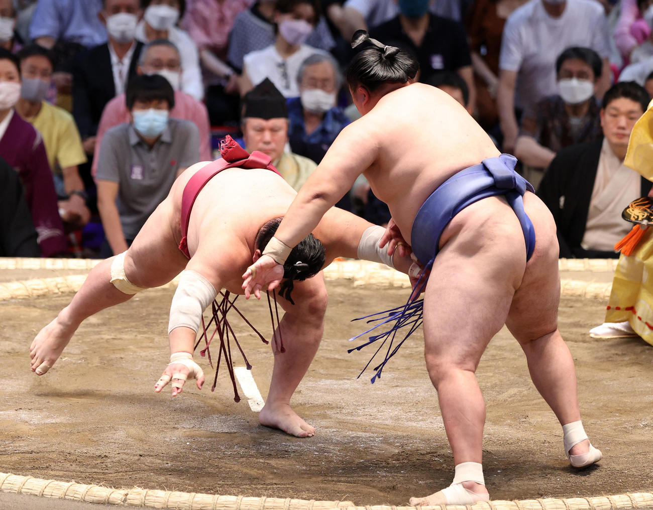 大栄翔（左）をはたき込みで破る玉鷲（撮影・鈴木正人）