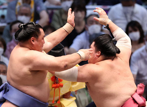 大栄翔（右）と攻め合う玉鷲（撮影・鈴木正人）