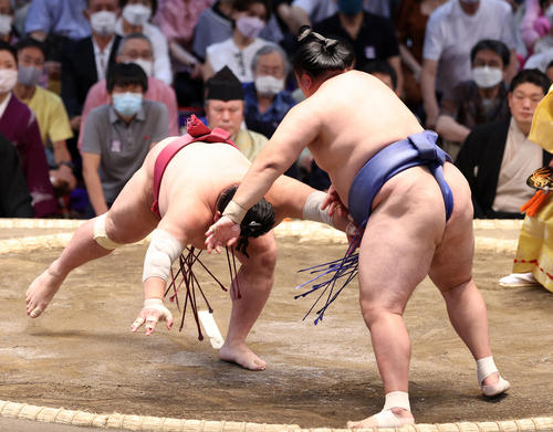 大栄翔（左）をはたき込みで破る玉鷲（撮影・鈴木正人）