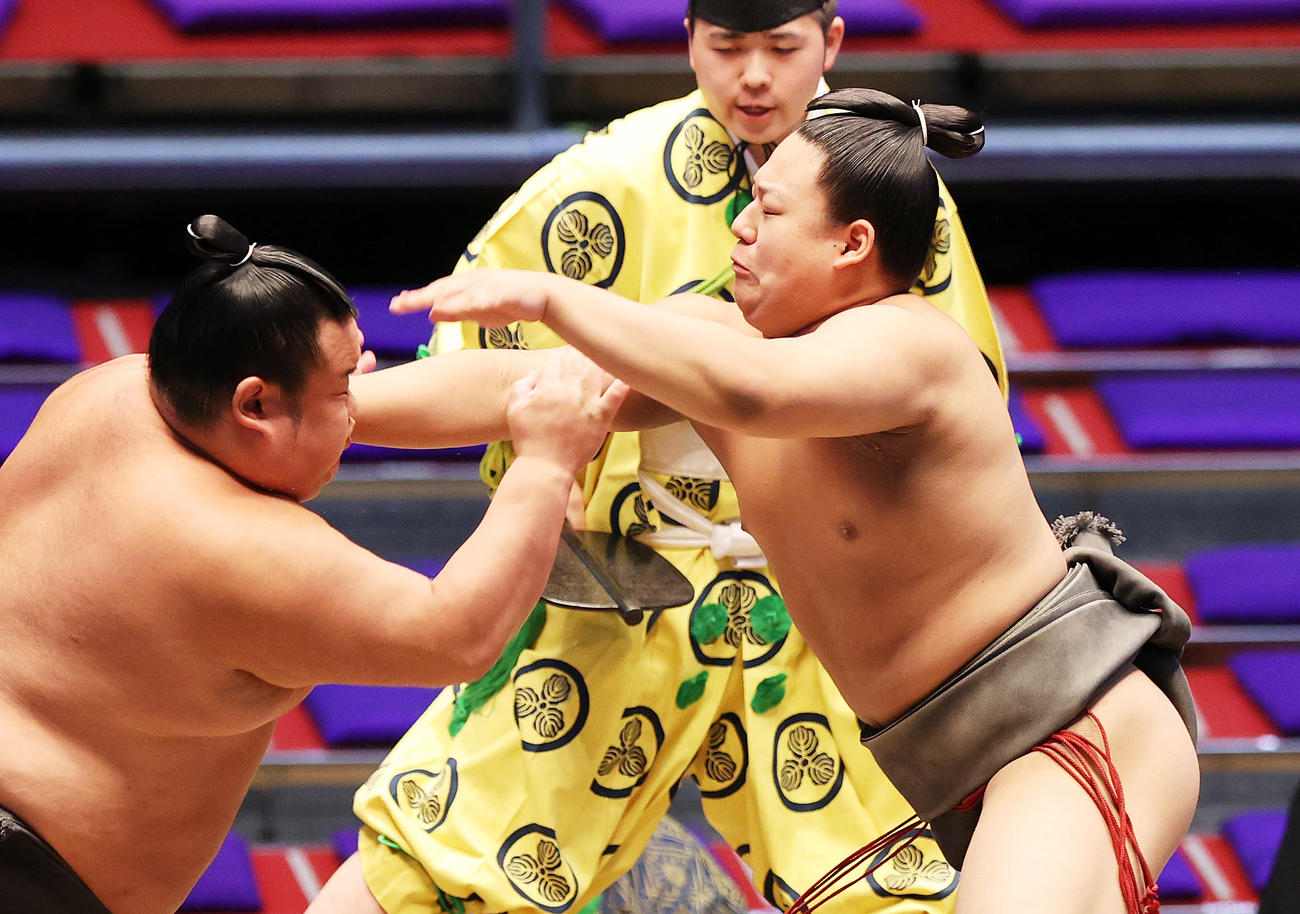椿富士（左）を攻める若田中（撮影・鈴木正人）