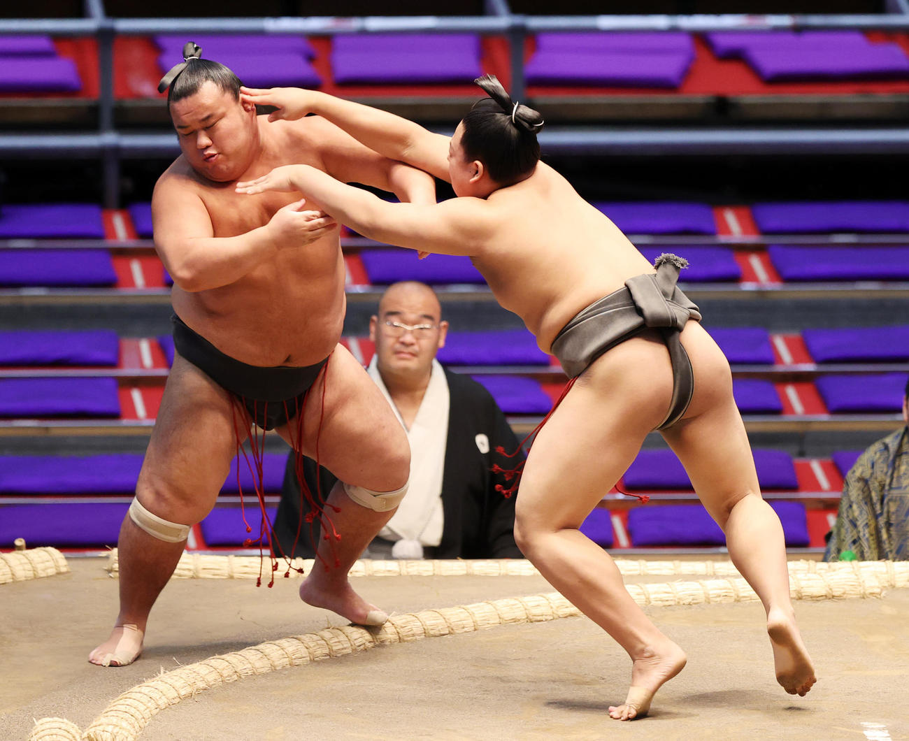 椿富士（左）を押し出しで破る若田中（撮影・鈴木正人）
