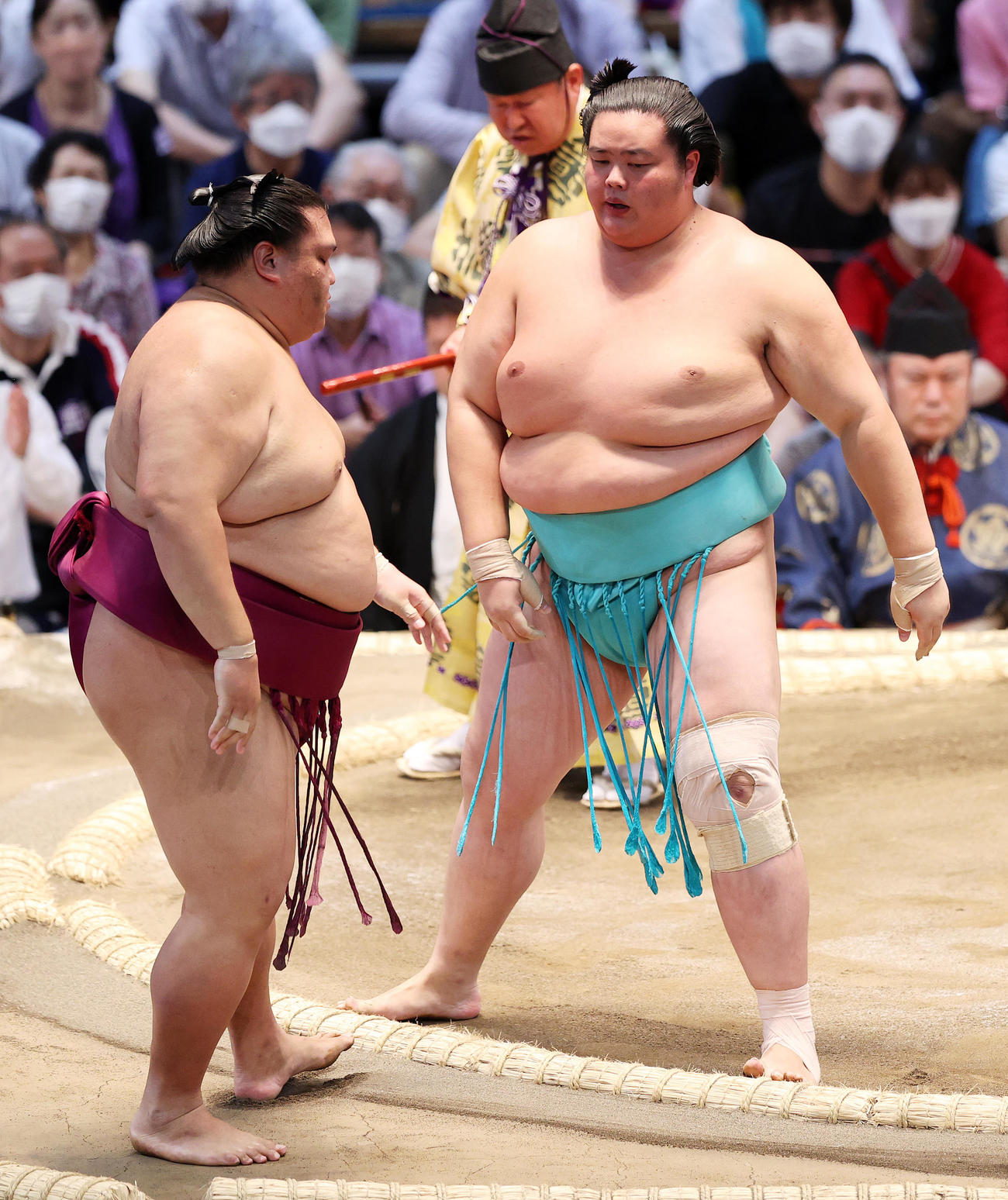 御嶽海（左）を寄り切りで破る琴ノ若（撮影・鈴木正人）