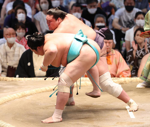 琴ノ若(手前)をとったりで破る照ノ富士(撮影・鈴木正人)